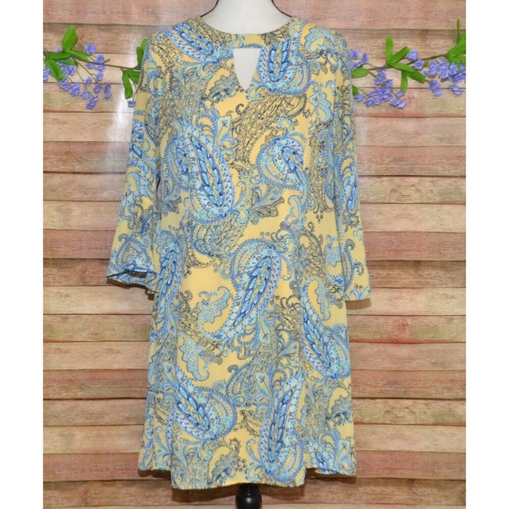 Cato Dress Womens 14 Yellow Blue Paisley Bell Sleeve Keyhole Shift Boho Knee